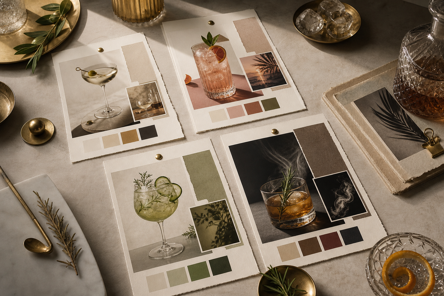 Four generated cocktail menu directions on a tabletop